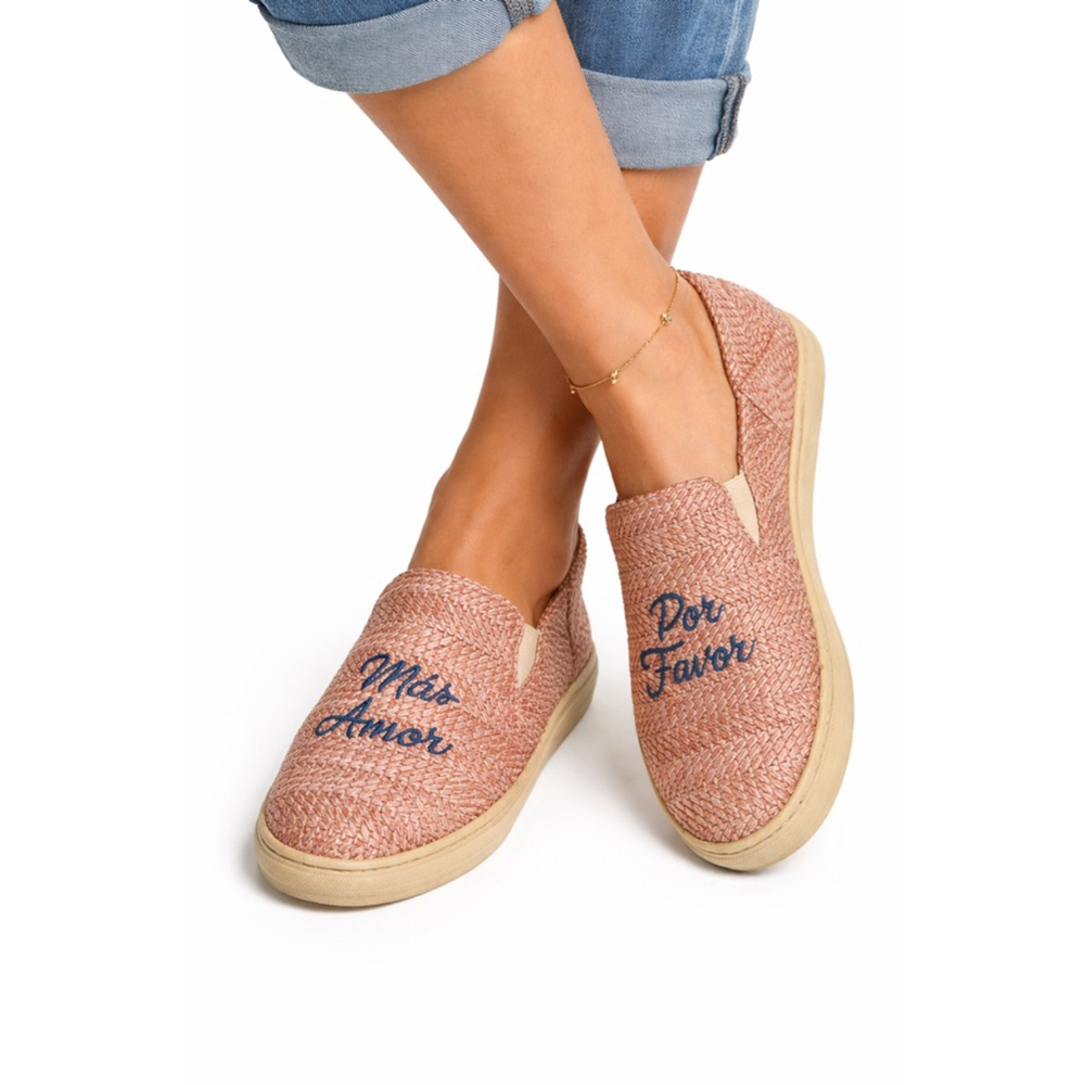 Women's Lucky Brand Pink Woven Flats & Loafers 8.5 with Blue Embroidery